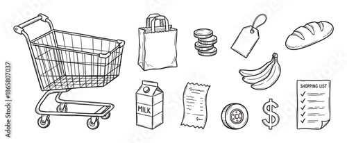 Hand-drawn black and white set of grocery shopping elements in a doodle style, featuring a cart, milk, bread, money, and a list, representing retail, commerce, and food purchasing
