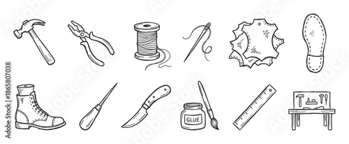 Hand-drawn set of shoemaking tools and materials including a hammer, pliers, thread, leather, boot, and glue in a simple black and white doodle sketch style illustration