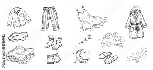 Set of hand-drawn sleep-related icons including pajamas, a robe, slippers, and a sleep mask in a black and white doodle style for a cozy bedtime concept