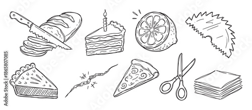 Hand-drawn doodle collection of various sliced objects including bread, cake, pizza, and pie with cutting tools like a knife, scissors, and saw blade in a simple sketch style