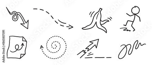 Collection of hand-drawn black sketch icons featuring various arrows, a slipping stick figure, and a banana peel in a simple doodle style representing direction and risk