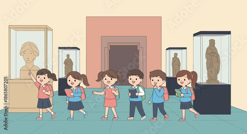 A happy group of diverse schoolchildren on a field trip to a museum, observing ancient artifacts and sculptures in display cases.