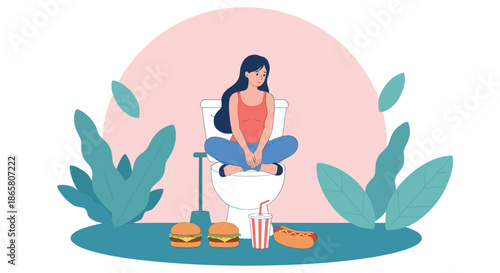 Young woman sitting with fast food snacks, burger and hot dog, unhealthy eating lifestyle illustration in flat cartoon style