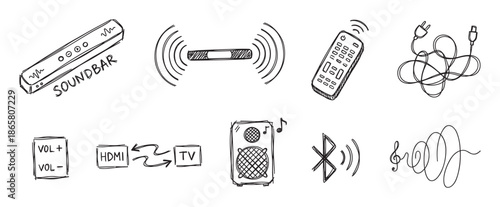 Hand-drawn soundbar and home audio icon collection in a sketchy doodle style, featuring a speaker, remote control, tangled cables, volume buttons, and connectivity symbols