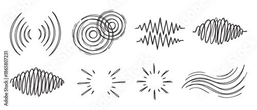Collection of hand-drawn sketch sound and motion icons including audio waves, vibration signals, wind gusts, and sparkle effects in a simple doodle style