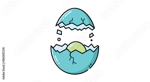Illustrated turquoise egg cracking open to reveal a light green object, symbolizing birth, creation, or a new beginning.