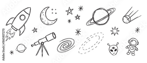 Collection of hand drawn space doodles featuring a rocket, planet, astronaut, alien, moon, and stars in a simple black and white sketchy cartoon style for children
