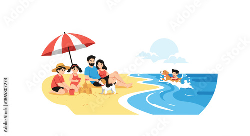 A joyful family with two children and their dogs enjoying a sunny day at the beach, building sandcastles and playing in the ocean.