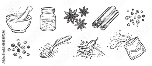 Set of black and white spice icons featuring cinnamon, star anise, cloves, chili, peppercorn, a mortar and pestle, and a jar in a hand-drawn doodle illustration style