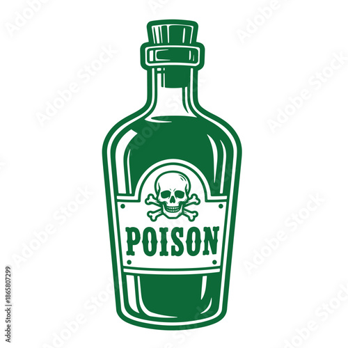 Green bottle with poison label and skull  warning sign for toxic substances
