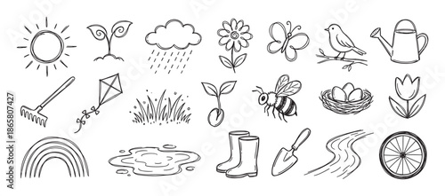 Large set of hand-drawn spring icons featuring a sun, flower, bee, watering can, and rainbow in a simple black and white doodle style for seasonal and nature concepts
