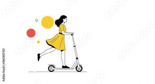 Energetic young woman in a vibrant yellow dress riding an electric scooter with a dynamic, minimalist background.