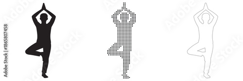 Three unique abstract yoga tree pose silhouettes representing balance and tranquility