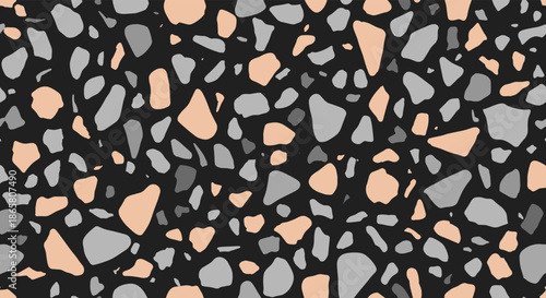 A modern terrazzo pattern with irregular chips in shades of gray beige and black.