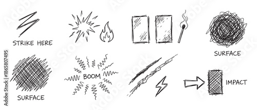Hand drawn doodle icon set illustrating concepts of strike, impact, explosion, and fire with sketchy lines and text labels like boom, surface, and impact for visual instruction