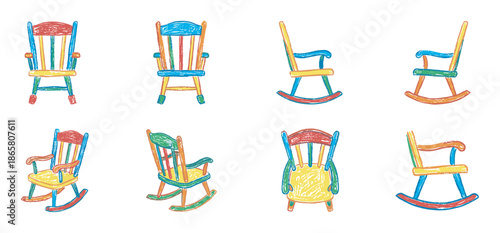 Collection of colorful hand-drawn rocking chairs in a whimsical childlike style, showing various angles and perspectives in a playful illustrated set of furniture icons