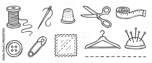 Set of hand-drawn sewing and tailoring tools including a needle, thread, scissors, and button in a black and white doodle style illustration for crafting and needlework projects