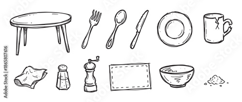 Hand-drawn kitchen and dining doodle set with a table, fork, spoon, knife, plate, bowl, mug, and seasoning shakers in a simple black and white line art illustration style
