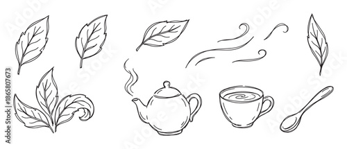 Hand-drawn collection of tea ceremony elements including a teapot, cup, spoon, and fresh leaves in a simple black and white line art sketch style for a cozy concept