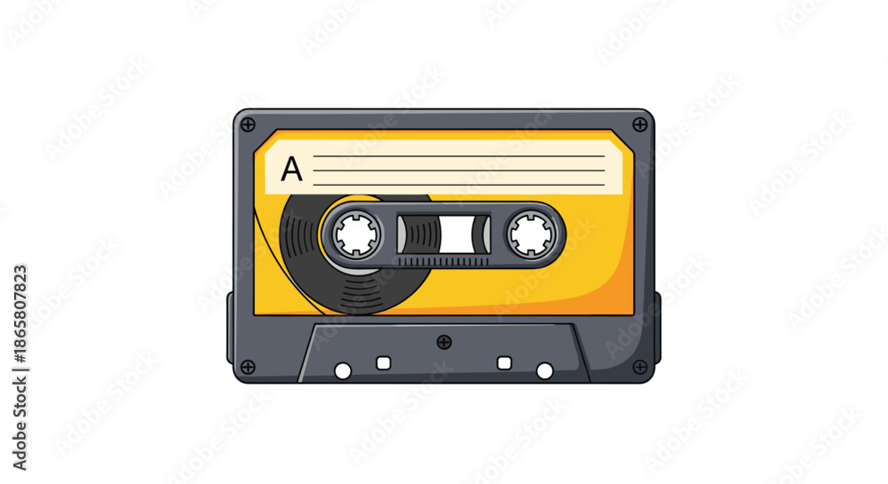 Fototapeta premium A vintage audio cassette tape with an orange label and grey casing is shown in this realistic illustration.
