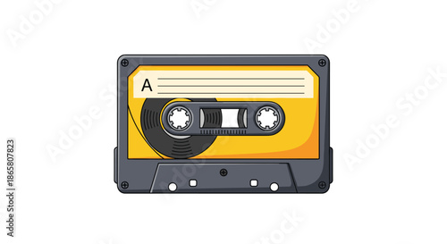A vintage audio cassette tape with an orange label and grey casing is shown in this realistic illustration.