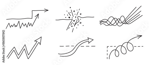 Set of six hand-drawn doodle style arrows and abstract lines in black ink, illustrating concepts of progress, volatility, breakthrough, strategy, and creative process