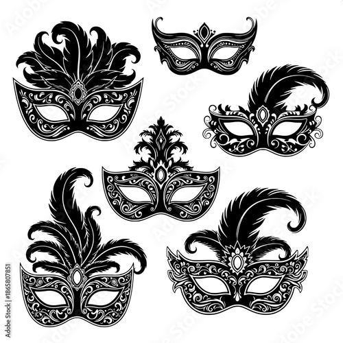 “Luxury carnival mask silhouettes, black vector illustration, elegant ornamental detailing, minimalist aesthetic.”