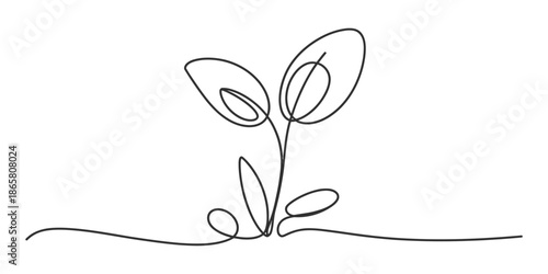 Continuous line art drawing of a single plant sprout growing from the ground