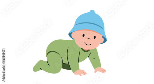 A cheerful baby in a green romper and blue hat is crawling on a white background.