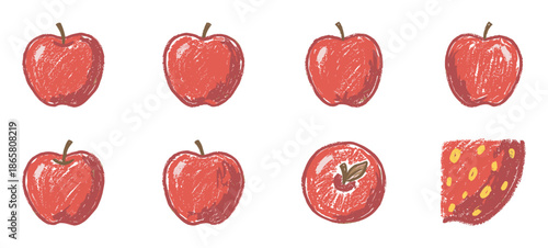 Collection of hand-drawn red apples in a sketchy crayon style, showing the whole fruit, a top view, and a slice with seeds, presented as a set of artistic food icons