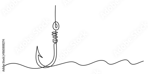 Simple and minimalist single continuous line drawing of a fishing hook suspended in water