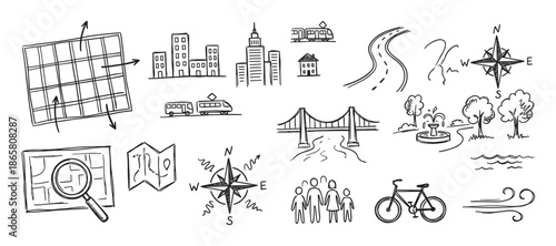 Set of hand-drawn black doodle icons showing city life, urban planning, navigation, and transportation with map, building, compass, and vehicle sketches in a simple line art style