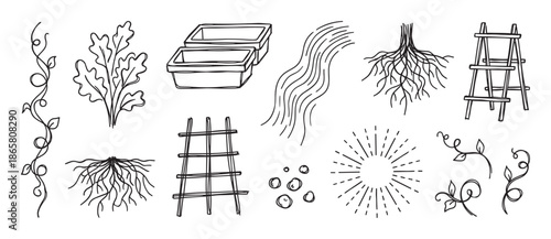 Hand-drawn gardening and plant doodle illustration set featuring various elements like roots, leafy greens, vines, planters, and a trellis for agriculture concepts