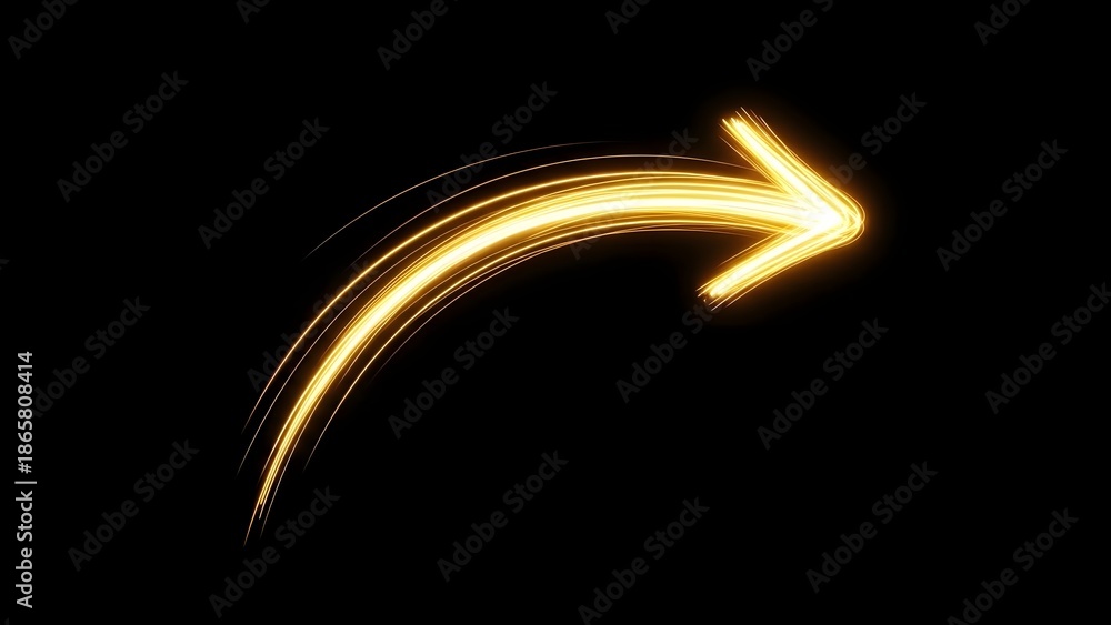 Fototapeta premium Curved neon-gold arrow made of light streaks