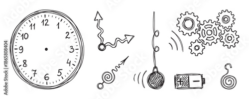 Hand drawn doodle set of clock parts and mechanical elements featuring a clock face, wavy hands, gears, a pendulum, and a battery in a simple sketch style illustration