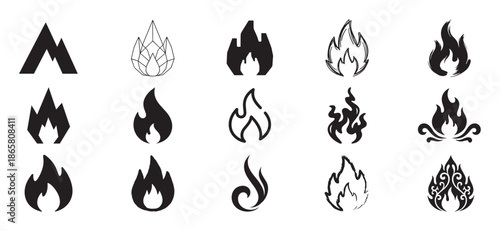 Collection of black fire icons and flame symbols in various artistic styles, including minimalist, geometric, brush stroke, and ornate decorative designs for logos and graphics