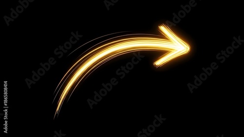 Curved neon-gold arrow made of light streaks