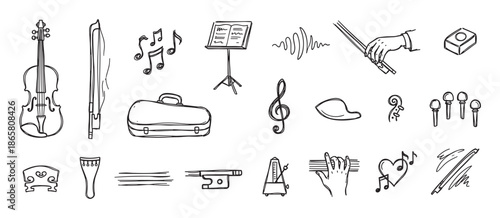 Hand drawn violin and classical music icons in a doodle style, a collection of string instrument elements like a bow, case, stand, metronome, and musical notes for an orchestra theme