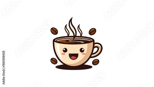 Cute Kawaii Coffee Cup Character with Steaming Hot Beverage.