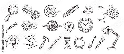 Hand-drawn watch repair tools and clock parts in a black and white sketch style, featuring gears, a timepiece, a magnifying glass, and various mechanical instruments for horology