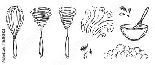 Hand-drawn set of kitchen utensil doodles featuring various whisks, a mixing bowl, splashes, and swirls in a black and white minimalist sketch style for baking themes