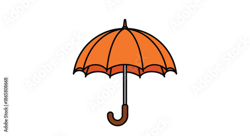 An orange umbrella with a curved handle is opened protecting from the elements.