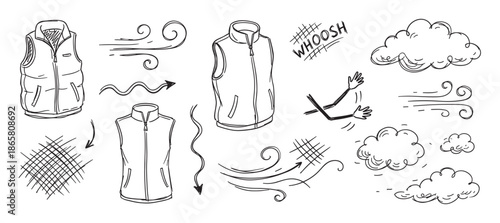 Puffer vests wind gusts clouds and arrows in a hand-drawn doodle collection with a sketchy black and white line art style representing weather and movement
