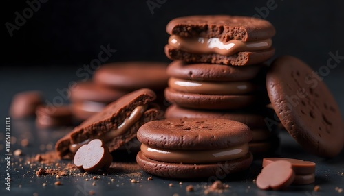 Close-up chocolate cream biscuits on dark background. Brown crispy cookies with creamy chocolate filling, delicious sweet dessert, perfect for snack or confectionery concept.