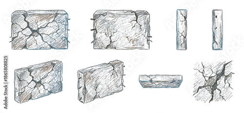 Set of hand-drawn cracked concrete blocks showing damage and decay from various angles in a rough, sketchy illustration style with detailed textures and protruding rebar