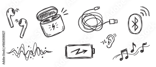 Hand-drawn doodle icon set of wireless earbuds, a charging case, bluetooth symbol, and music notes in a sketchy black line art style for audio and technology concepts