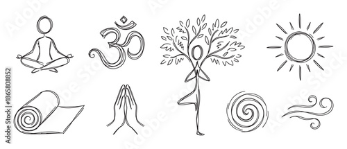 Hand-drawn yoga and meditation icon set featuring a lotus pose, om symbol, tree pose, sun, and prayer hands in a minimalist black and white doodle sketch style for wellness