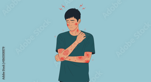Man suffering from skin allergy and itchy rash vector illustration showing dermatology problem redness and irritation