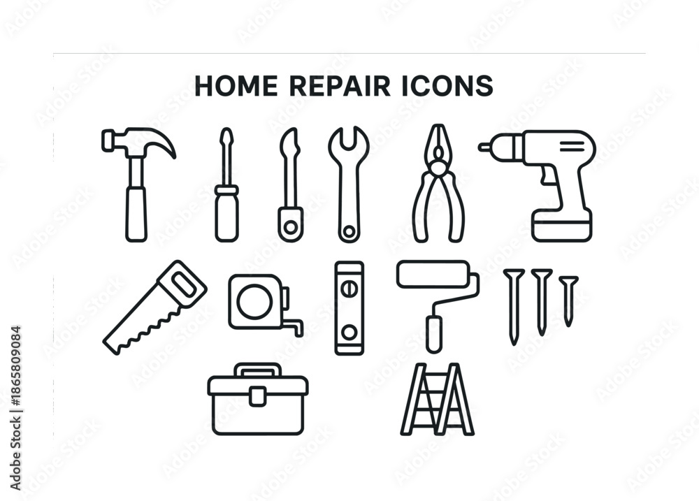 Fototapeta premium Home repair tool icons: hammer, screwdriver, wrench, pliers, drill, saw