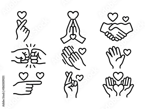 Hand gesture icons with heart symbol illustrating love peace friendship